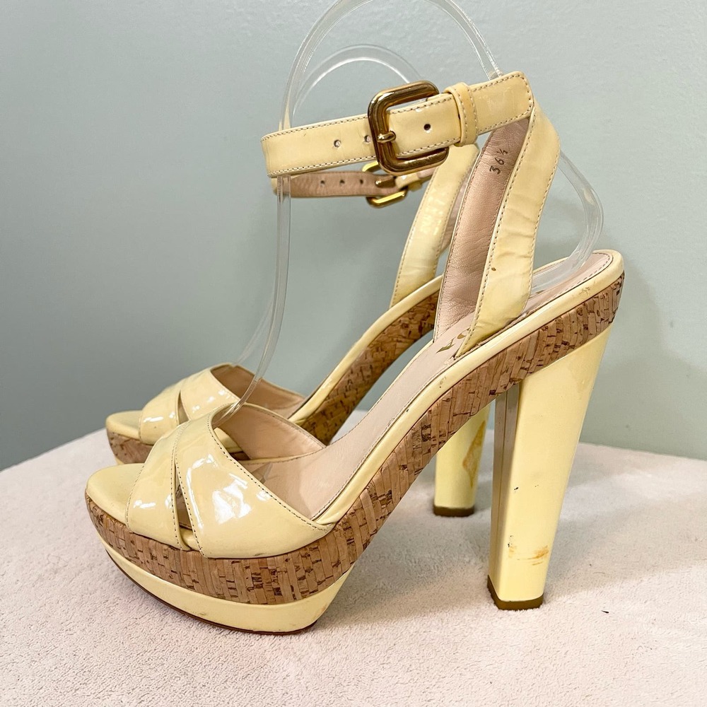 PRADA Women's Yellow Leather Ankle Strap Cork High Heels Sandal Size 36.5 - Picture 5 of 16